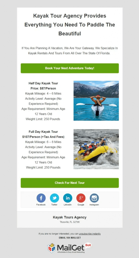 Mẫu email hàng đầu cho doanh nghiệp tổ chức các dịch vụ chèo thuyền kayak và bè
